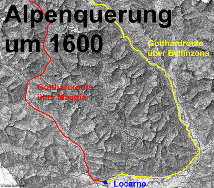 Übersichtskarte Alternativroute Alpenpässe anno 1858